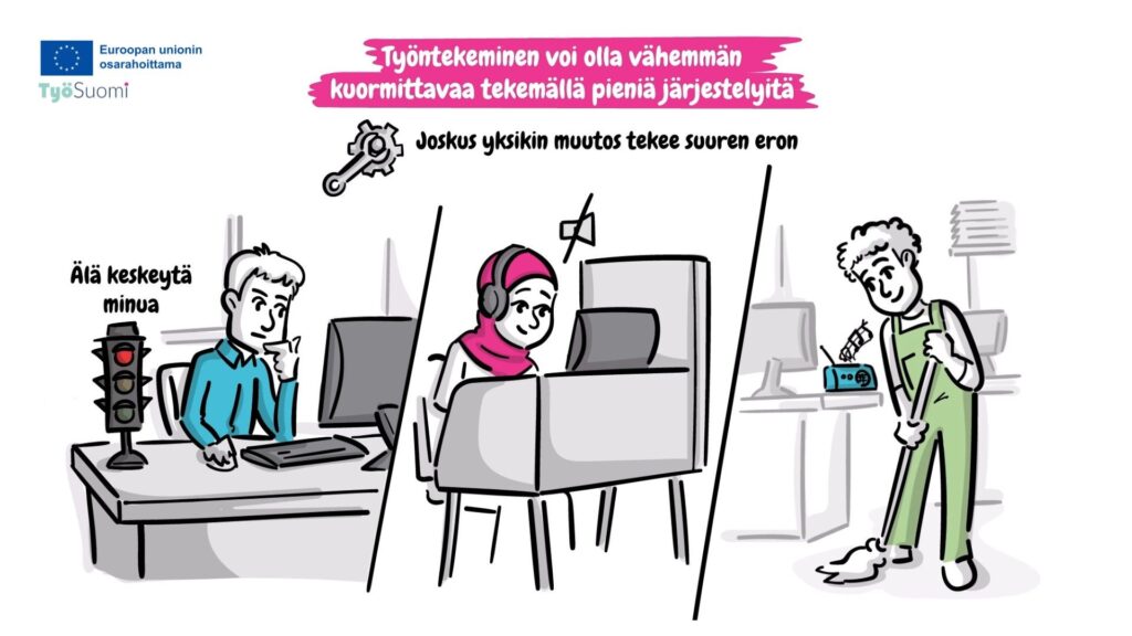 Havainnollistava kuva työn kuormittavuutta vähentävistä työolosuhteiden järjestelyistä